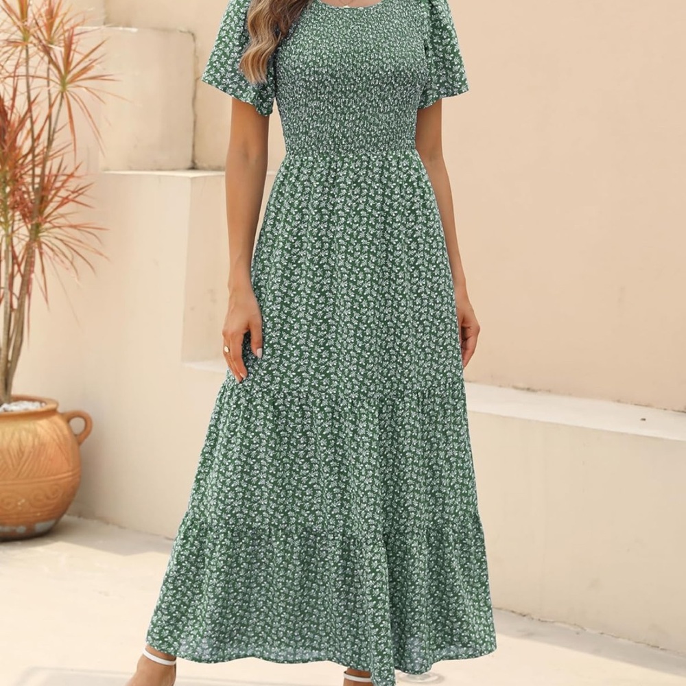 Smocked Waist Short Sleeve Green Floral Maxi Dress